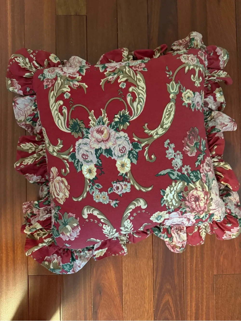 Ralph Lauren Accent Pillows 16x16 + 3 In Ruffle Marseilles Danielle Red Pair (2)